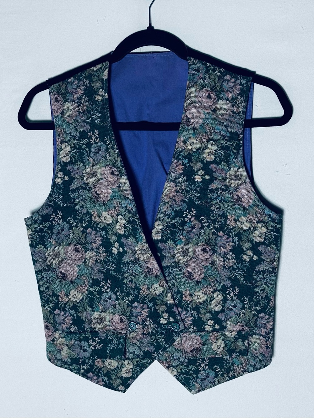 Vintage 90s Green Lavender Pink Floral Tapestry Vest Waistcoat XS Cottagecore